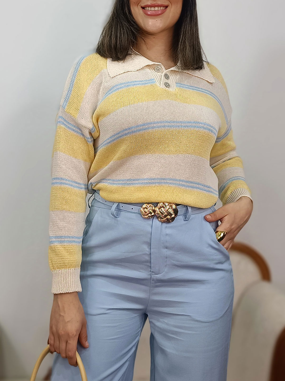 jersey de punto fino a rayas con cuello polo