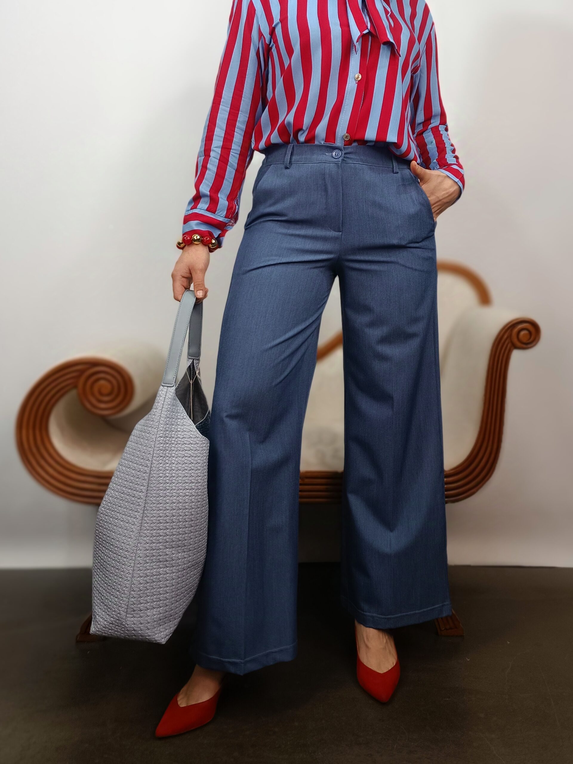 pantalón denim sastre de pata ancha azul medio