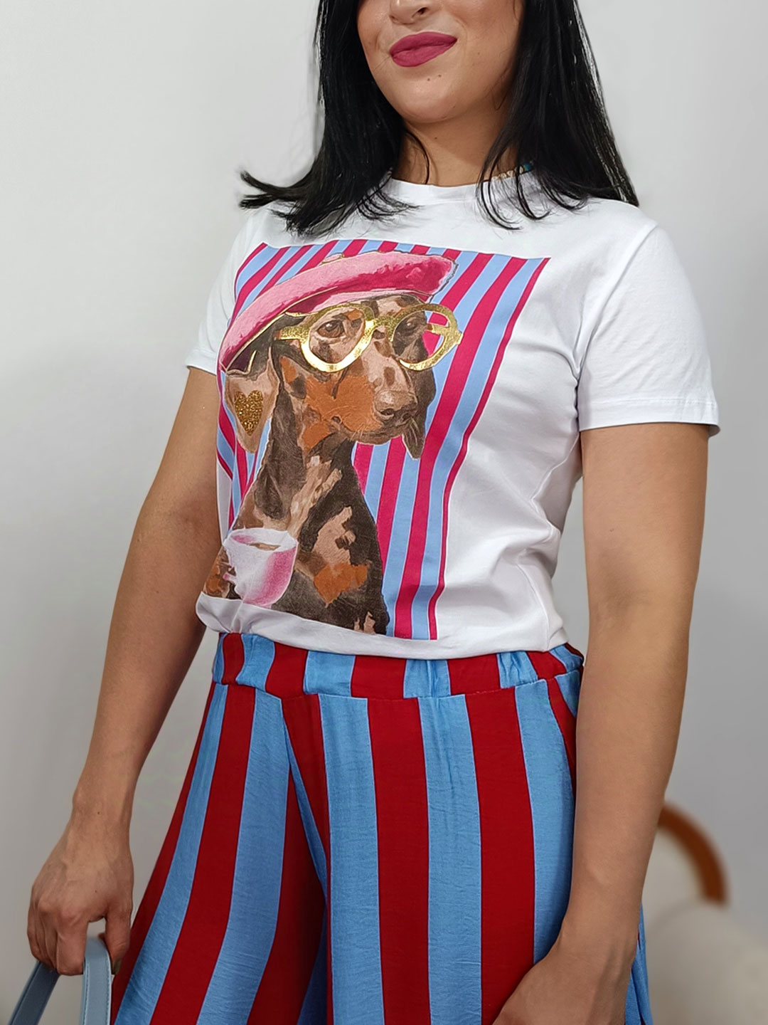 Detalle de purpurina dorada en camiseta de perro salchicha