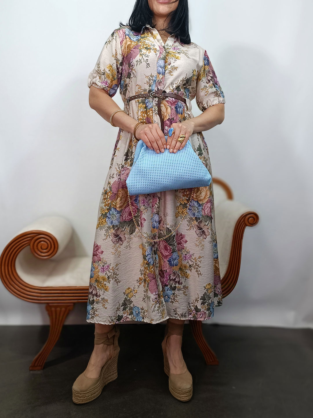 vestido camisero de lino floral midi vintage